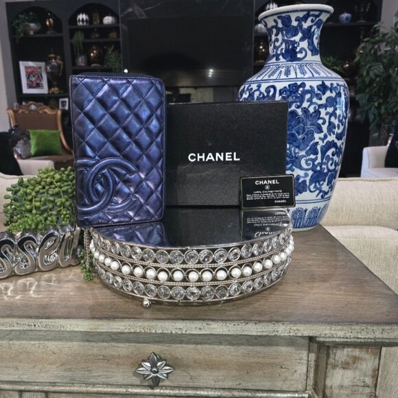 CHANEL Handbags - EUC Authentic RARE Chanel Cambon Iridescent Blue Organizer Wallet